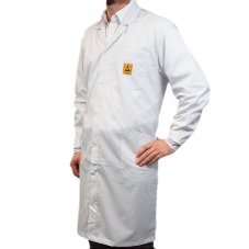 Bílý unisex ESD plášť s náprsní kapsou a postranními kapsami, vhodný do EPA