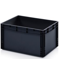 Černý ESD kontejner 600×400×320 mm s víkem – vodivý přepravní box z polypropylenu Černý ESD kontejner 600×400×320 mm s víkem – vodivý přepravní box z polypropylenu