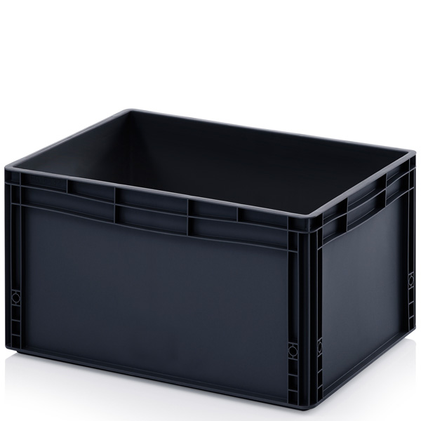 Černý ESD kontejner 600×400×320 mm s víkem – vodivý přepravní box z polypropylenu Černý ESD kontejner 600×400×320 mm s víkem – vodivý přepravní box z polypropylenu