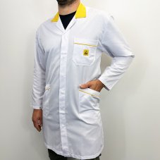 ESD pracovní plášť bílý, límeček a aplikace ve žluté barvě